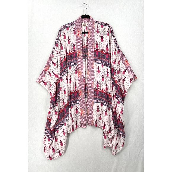 ANTHROPOLOGIE LILKA Kalyse Printed Kimono Women Ones Size White Pink Floral Boho - Picture 4 of 13